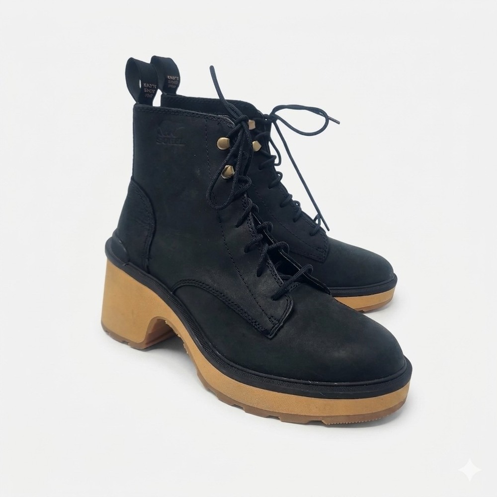 SOREL Women's Hi-Line Heel Waterproof Lace Up Leather Combat Boot‎ Black Size 7